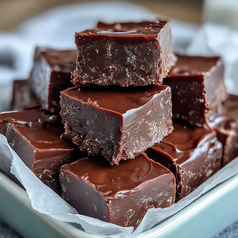Freshly cut Hojicha Fudge pieces reveal a glossy, rich interior on parchment-lined squares beside a steaming ceramic cup of green tea.