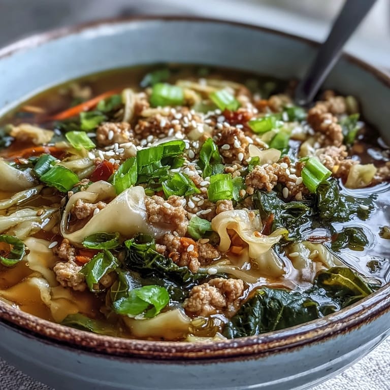 Spicy One-Pot Egg Roll Soup served steaming hot, topped with sliced green onions for garnish.