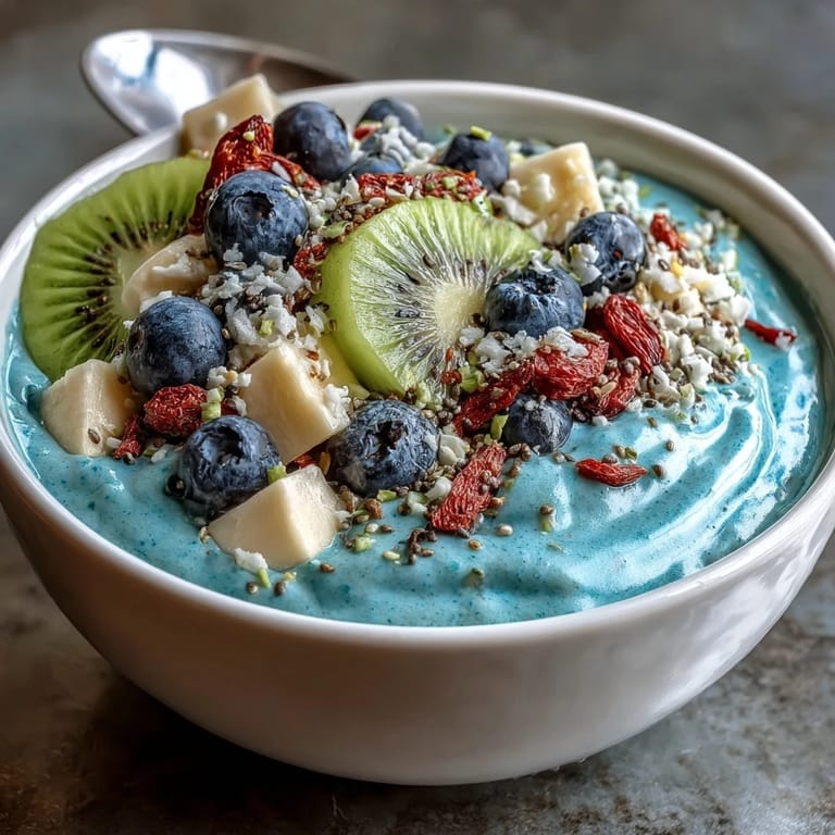 Close-up of a healthy Mermaid smoothie bowl with dragon fruit, coconut flakes, and hemp seeds, showing a thick, creamy texture.