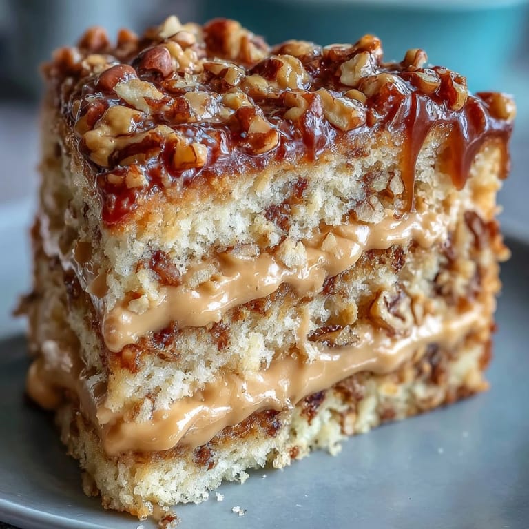 Whole Christmas Toffee Crunch Cake, with a crumbly toffee and nut topping, displayed on a cake stand next to holiday decorations and a serving knife.