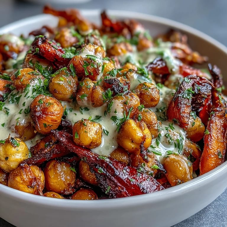 Serving suggestion for a One-Pan Roasted Carrot and Chickpea Bowl over quinoa, with a generous drizzle of savory tahini sauce.