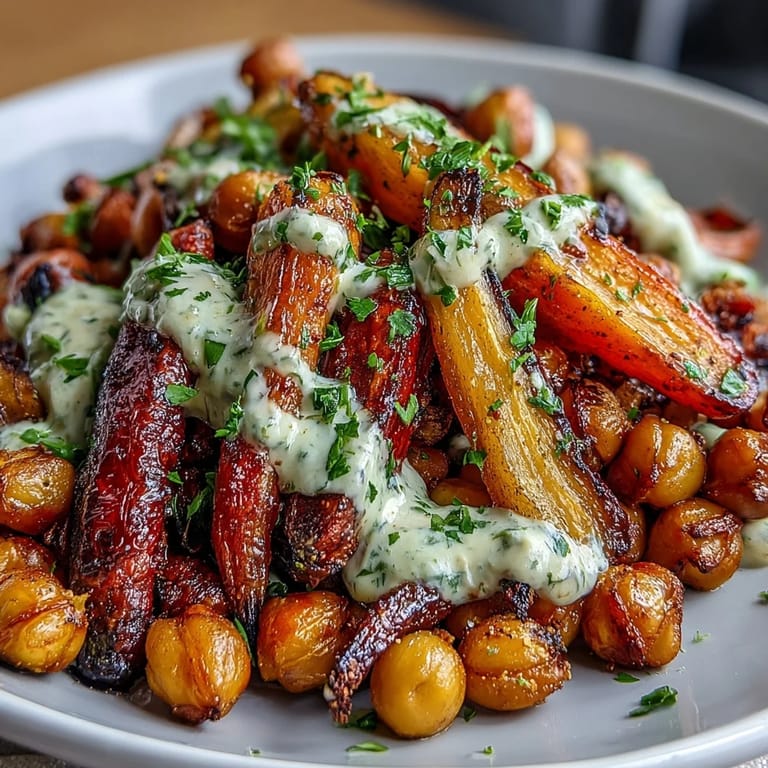 A close-up of the One-Pan Roasted Carrot and Chickpea Bowl featuring spiced chickpeas, tender carrots, and fresh herbs.