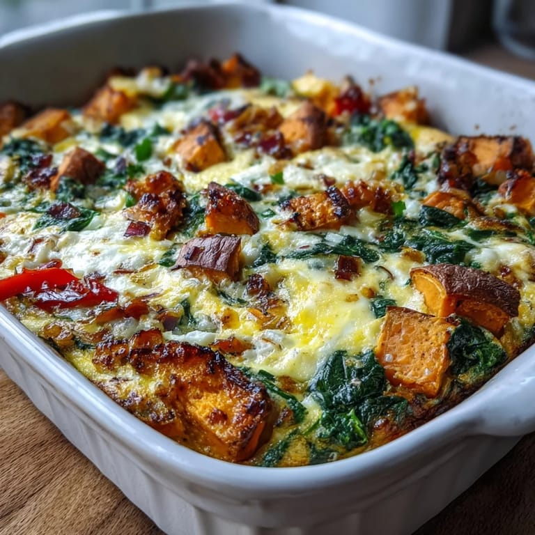 Fork-ready slice of Easy Sweet Potato Egg Casserole showing tender sweet potatoes, bell peppers, and fluffy eggs.