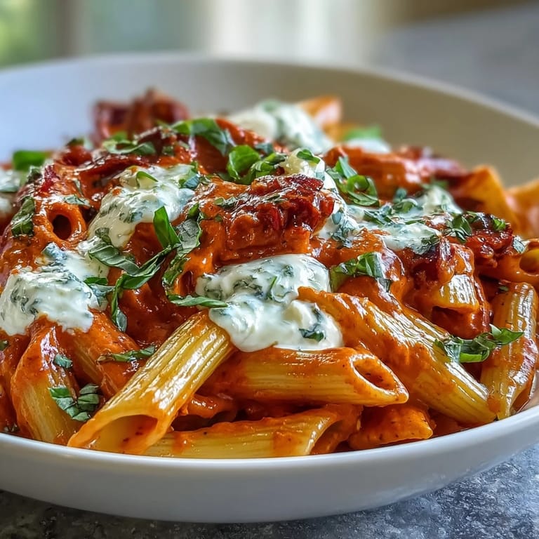 A vibrant bowl of Creamy Red Pepper Pasta with Burrata & Herbs, garnished with fresh basil for a weeknight Italian-inspired dinner.