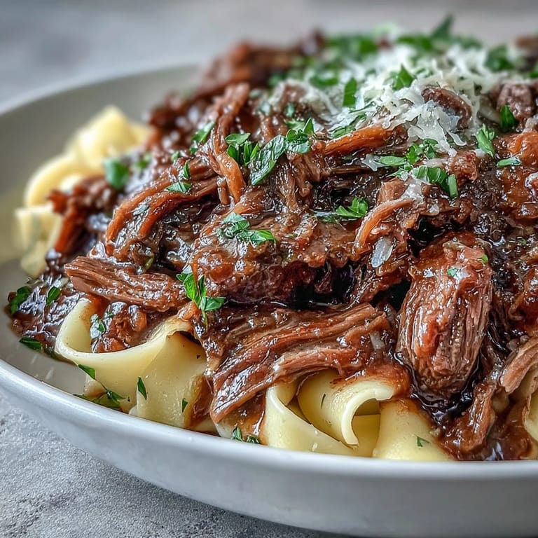 Slow-cooked Crockpot French Onion Pot Roast Pasta ladled with rich beef gravy, topped with melted Gruyère, served steaming in a rustic bowl.