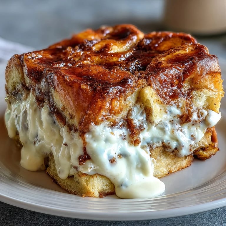 Overnight casserole of Cream Cheese Swirl Cinnamon Roll French Toast Bake showing creamy swirls and a golden sugar topping.