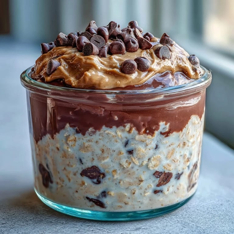 A close-up of Peanut Butter Cup Overnight Oats topped with chopped peanuts and a peanut butter drizzle, ready to serve chilled.