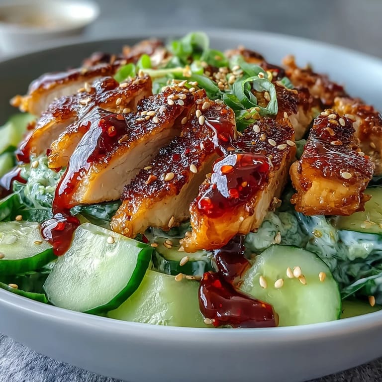 Overhead view of TikTok Chili-Crisp Cucumber Chicken Bowls showing vibrant greens, chili crisp drizzle, and fluffy rice.