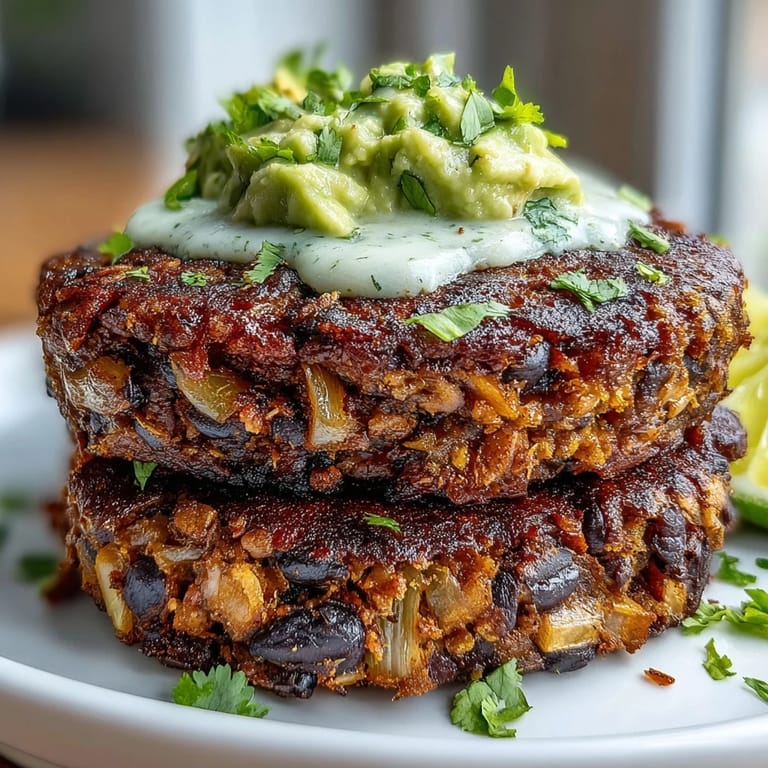 Freshly cooked Vegan Sweet Potato Black Bean Burgers with Avocado Lime Sauce served with tomato and crisp lettuce leaves.