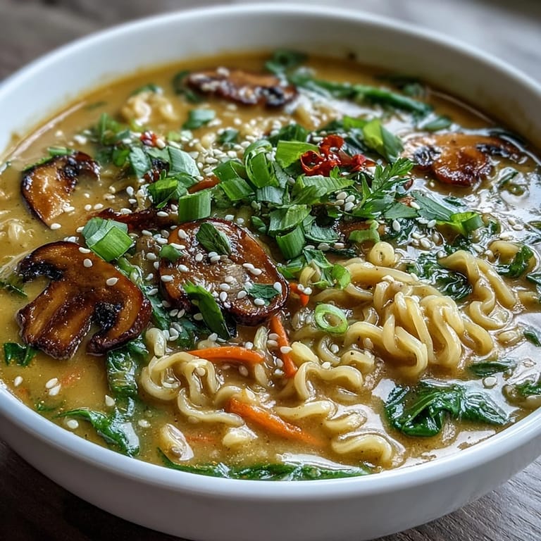 A warm bowl of Vegan Coconut Curry Ramen with Bok Choy and Mushrooms topped with lime wedges and chili slices.