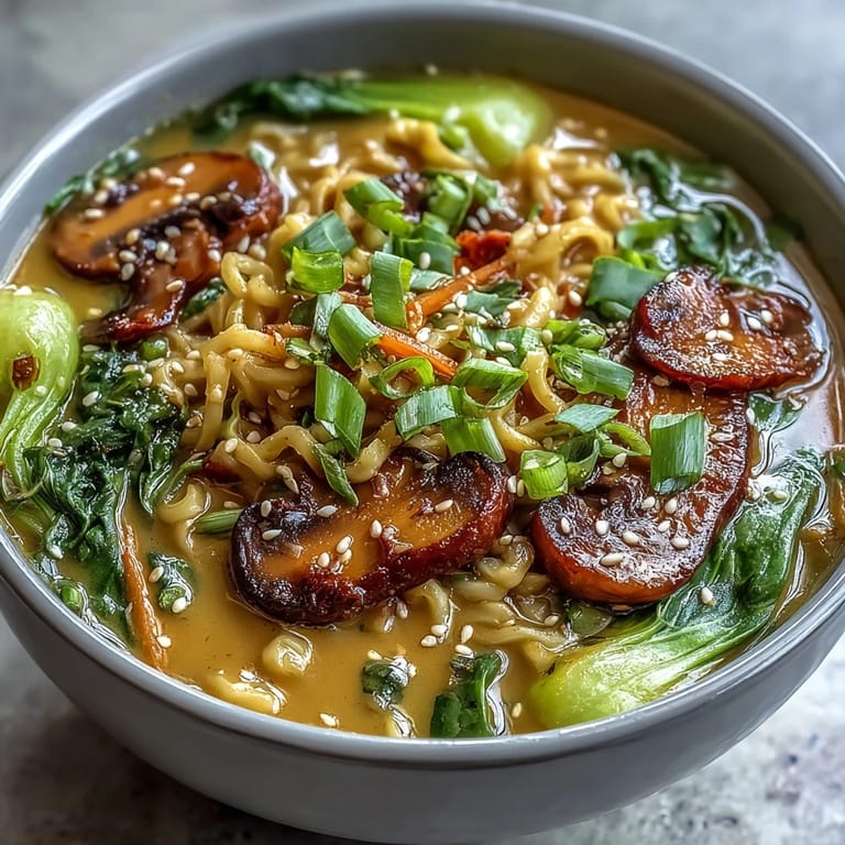 Close-up of Vegan Coconut Curry Ramen with Bok Choy and Mushrooms featuring tender greens and creamy coconut broth.