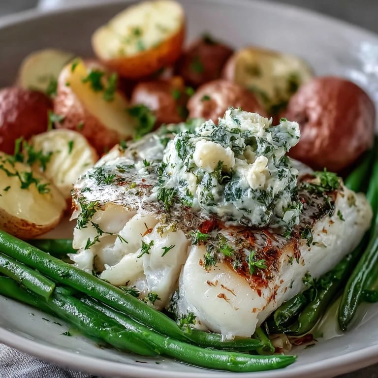 Freshly baked Garlic Herb Butter Cod with Green Beans and Baby Potatoes, garnished with dill and melted butter.