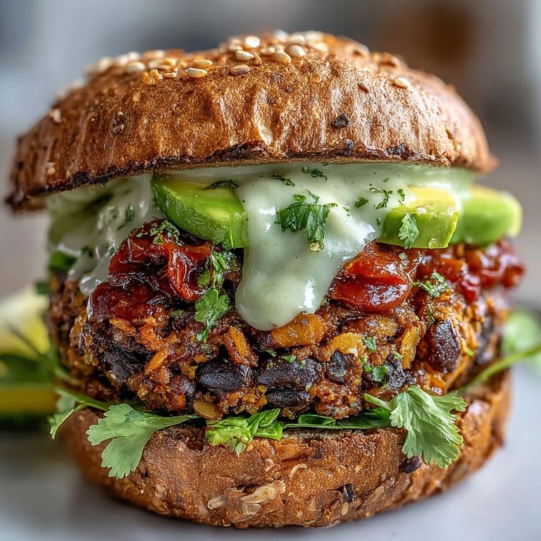 Close-up view of a juicy Vegan Sweet Potato Black Bean Burgers with Avocado Lime Sauce on a soft vegan bun.