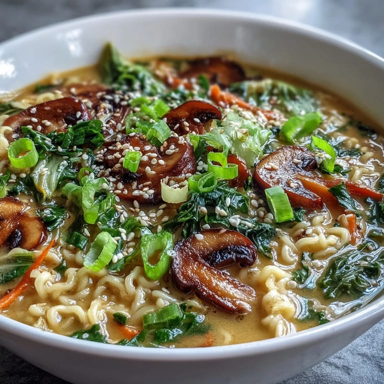 Close-up of Vegan Coconut Curry Ramen with Bok Choy and Mushrooms featuring tender greens and creamy coconut broth.