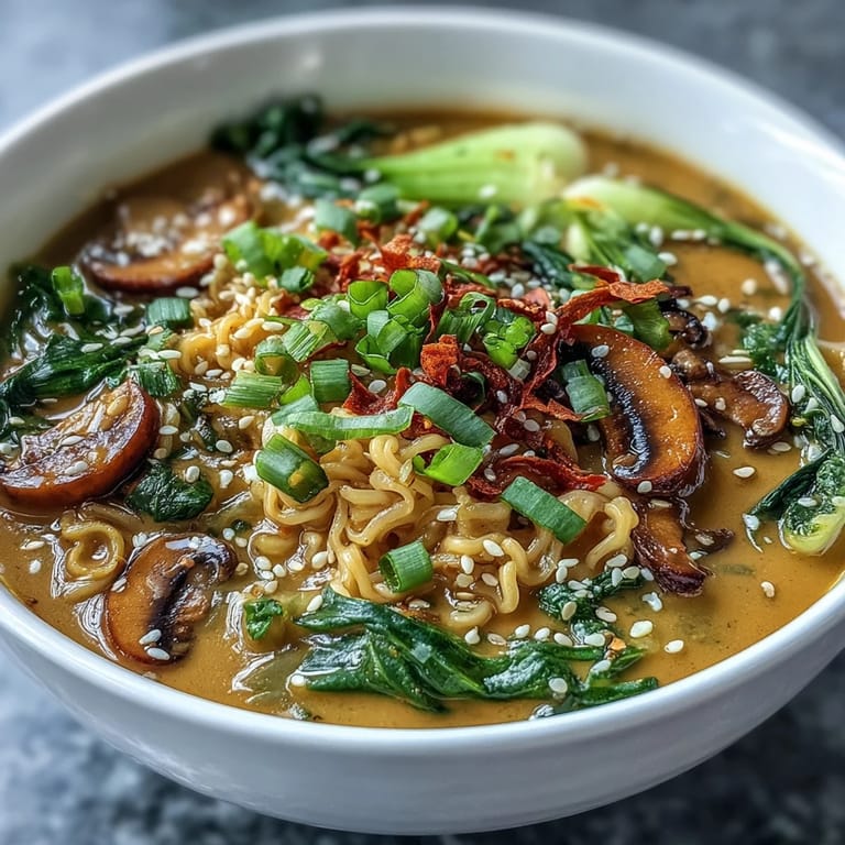 A warm bowl of Vegan Coconut Curry Ramen with Bok Choy and Mushrooms topped with lime wedges and chili slices.
