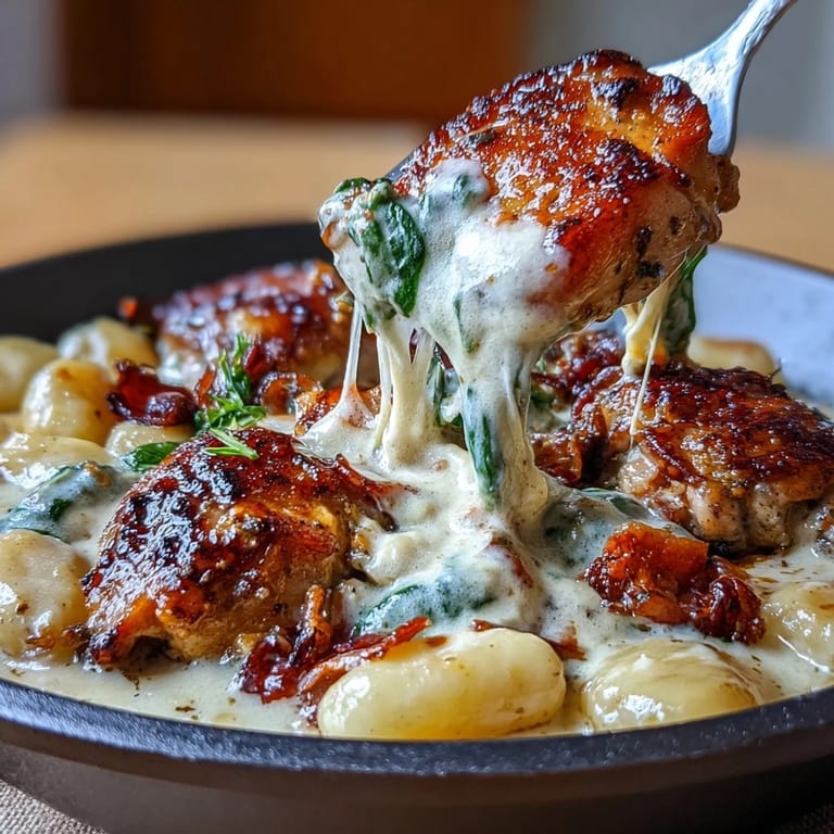 Comforting skillet chicken gnocchi with juicy thighs, creamy garlic sauce, and baby spinach, baked until golden and bubbling.