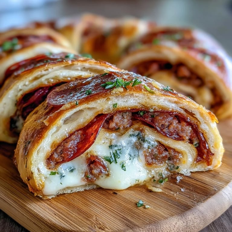 Protein-packed pepperoni stromboli fresh from the oven, featuring juicy beef, stretchy cheese, and classic Italian seasonings in crispy golden crust.