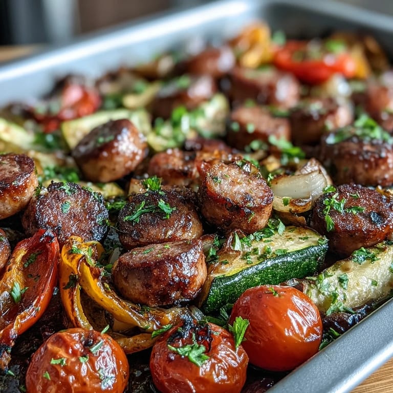 Colorful roasted sausage, peppers, zucchini, and tomatoes on a sheet pan, paired with soft garlic naan.  