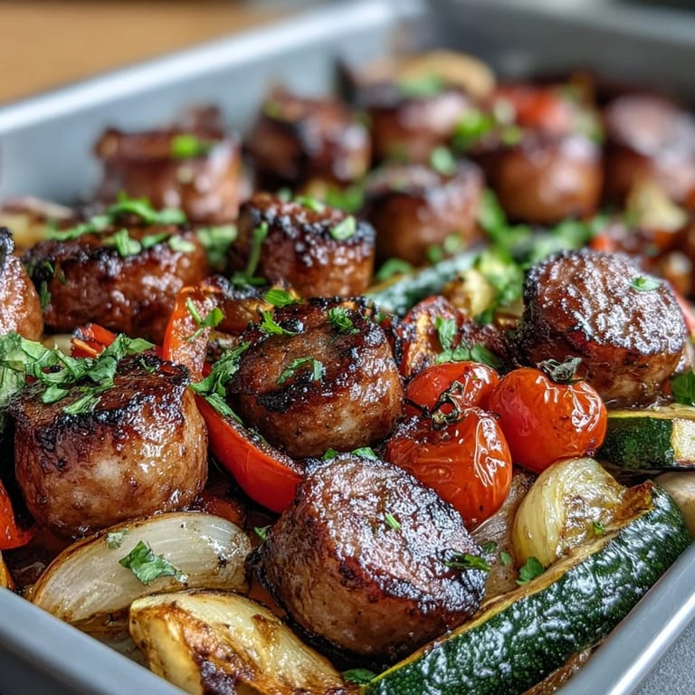 One-pan smoky sausage and vegetable medley served with warm naan and fresh parsley garnish.