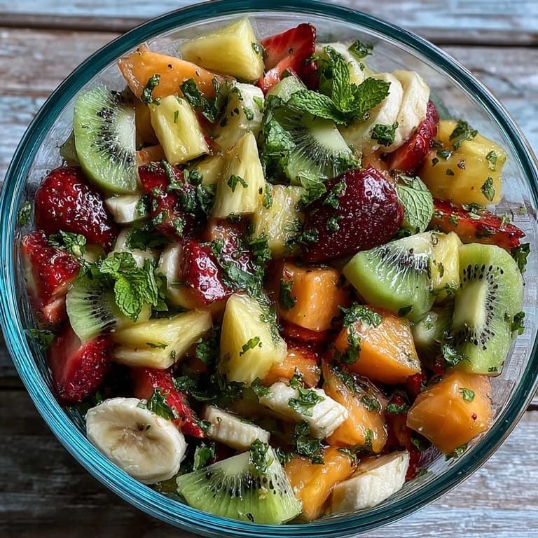 Freshly tossed Tropical Fruit Salad with Mint Lime Dressing, ready to serve as a light summer side dish.