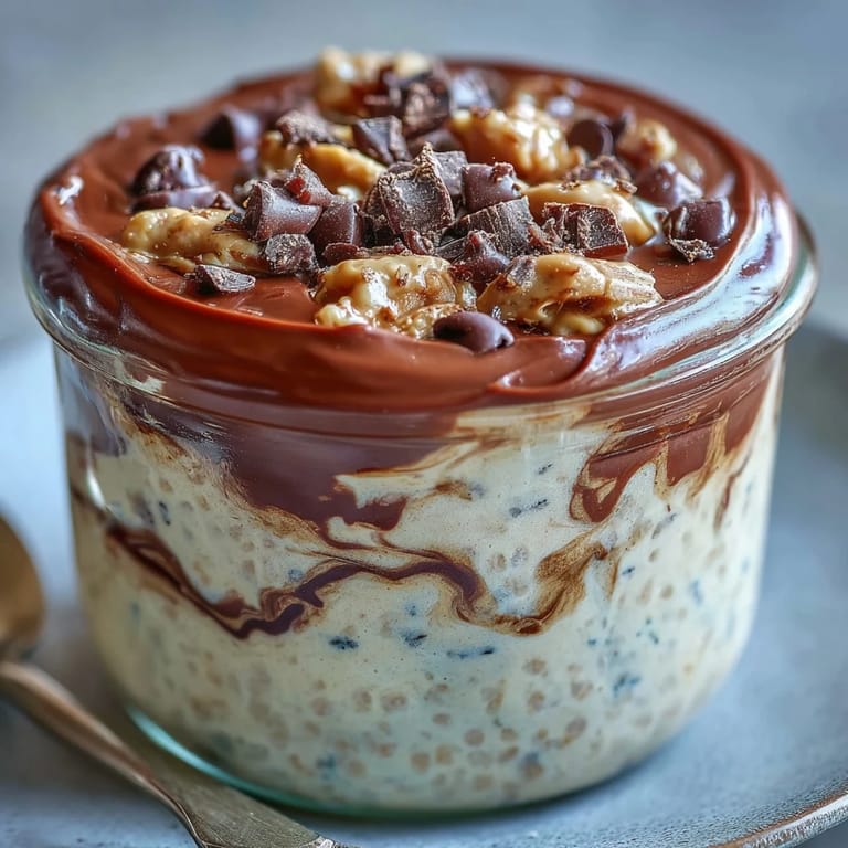 Rich, protein-packed peanut butter cup overnight oats topped with mini chocolate chips and roasted peanuts.  