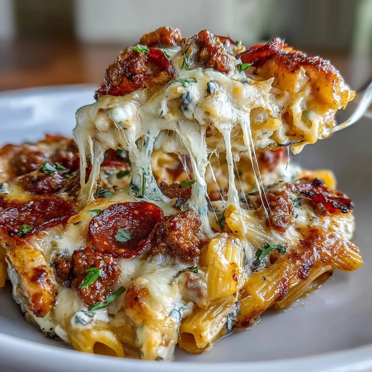 Savory pizza pasta bake loaded with ground beef, turkey pepperoni, and melted mozzarella, served hot from the oven.