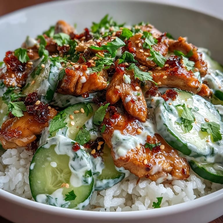 Flavor-packed TikTok Cucumber Chicken Bowls topped with chili crisp, jasmine rice, and fresh cilantro for an easy Asian-inspired meal.