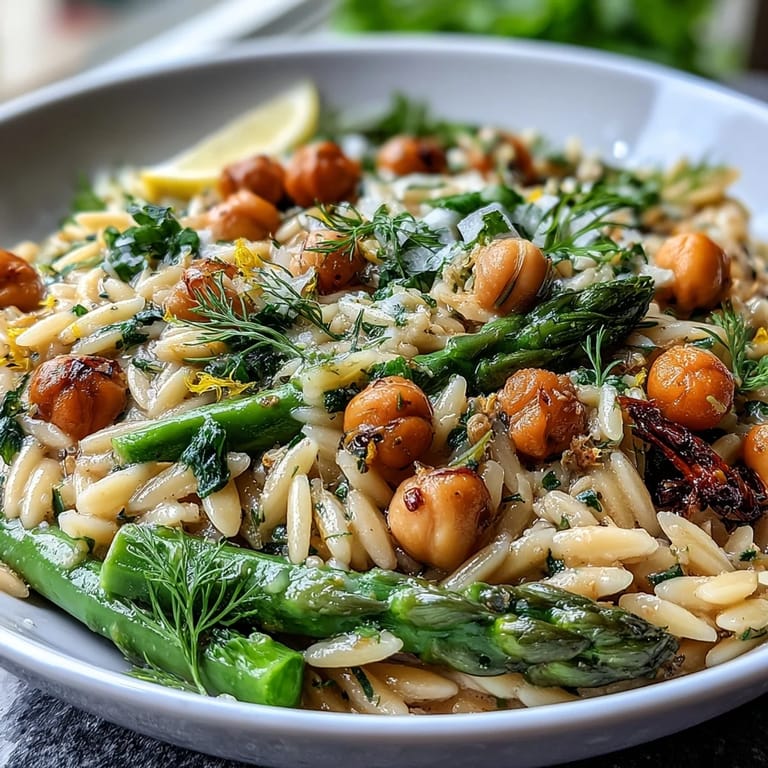 Colorful spring vegetables and tender orzo pasta tossed with chickpeas, fresh herbs, and zesty lemon in a savory one-pot meal.