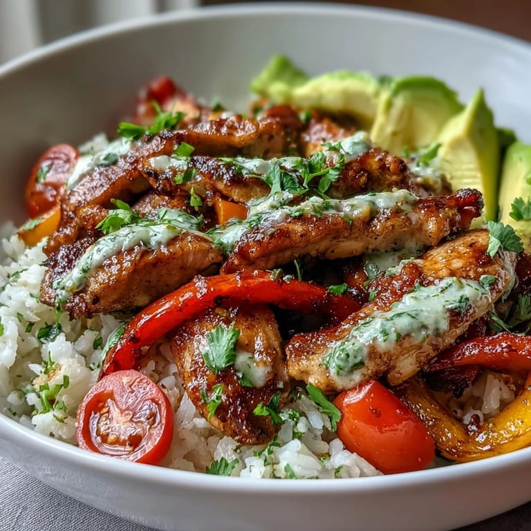 Flavorful chicken fajitas served over cilantro-lime rice with bell peppers, onions, and cherry tomatoes for meal prep.