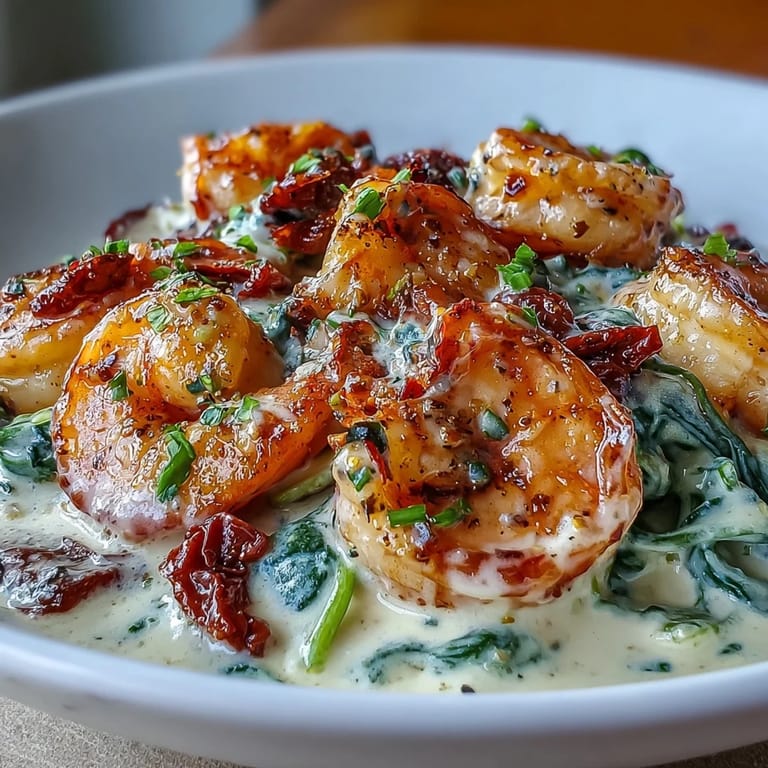 Flavorful shrimp in a velvety Tuscan cream sauce with sun-dried tomatoes and zucchini noodles, topped with Parmesan and fresh herbs for a satisfying keto dish.