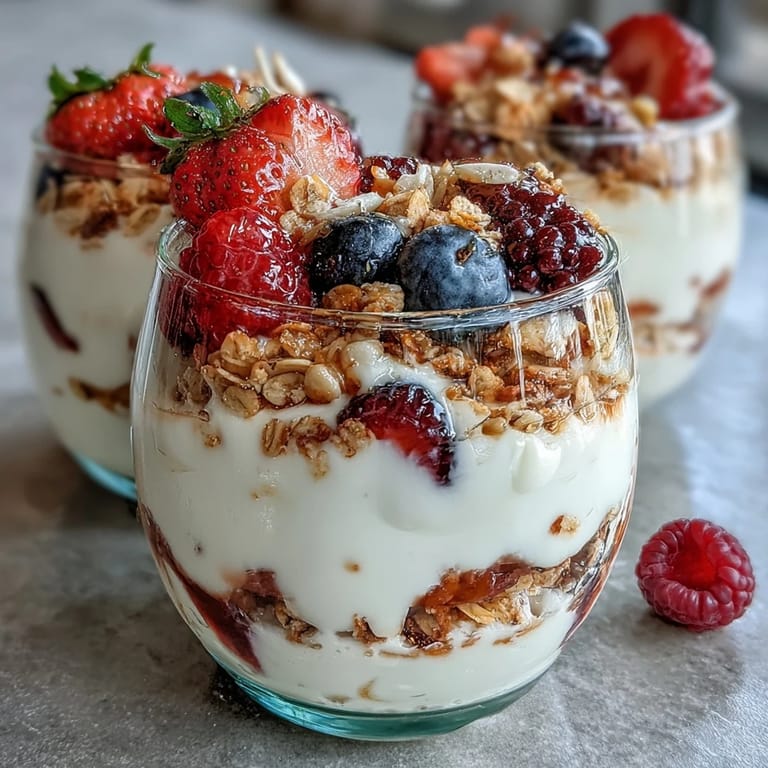 Creamy non-fat Greek yogurt layered with juicy mixed berries and a golden granola crumble in a parfait glass.