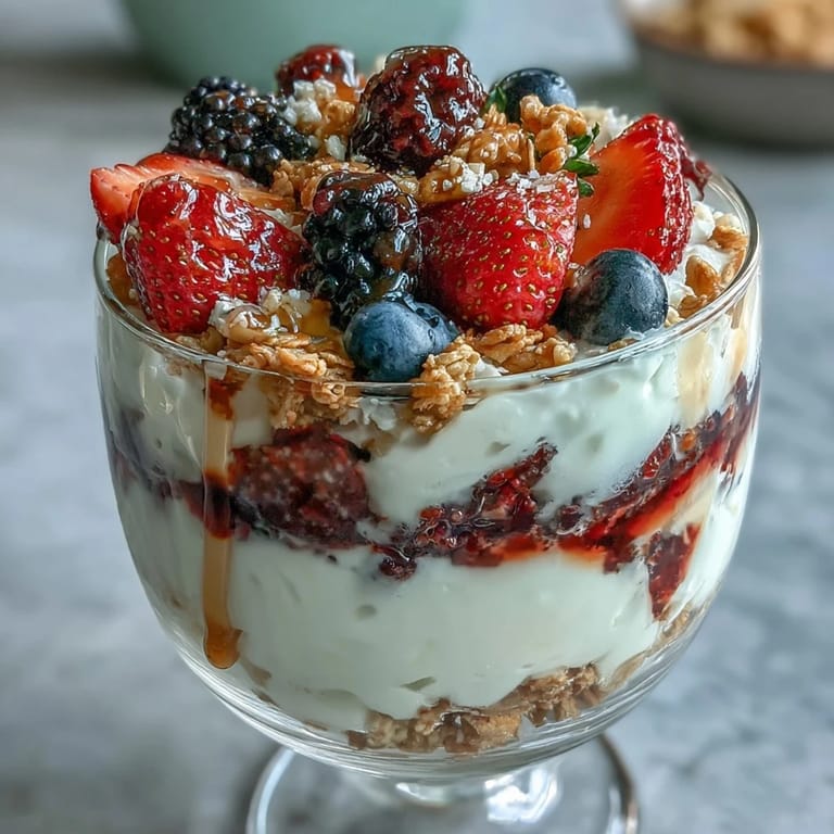 Quick and easy 10-minute Greek yogurt parfait topped with a nutty granola crumble and sweet, ripe berries.