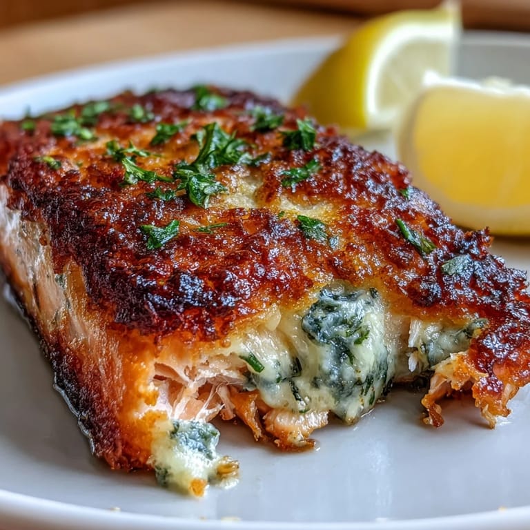 Tender salmon with a savory garlic-Parmesan crust, accompanied by crisp roasted broccoli and bright lemon slices.