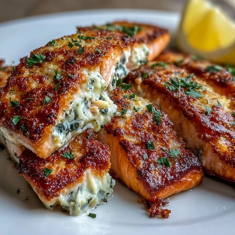 Flaky salmon fillets seasoned with garlic and Parmesan, plated with roasted broccoli and lemon wedges for zest.