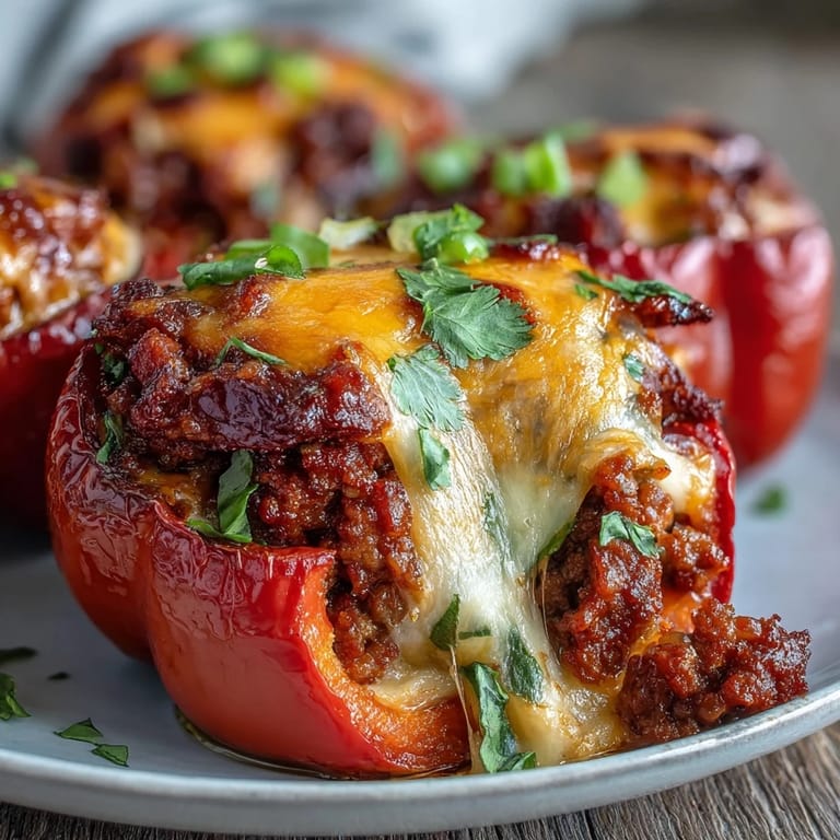 Savory ground beef taco filling packed into colorful bell peppers, topped with gooey melted cheddar and baked to perfection in this keto-friendly meal.