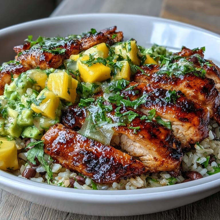 Colorful Mango Avocado Salsa Chicken Bowls served with grilled chicken, creamy avocado, sweet mango, and seasoned black beans for a nourishing meal.