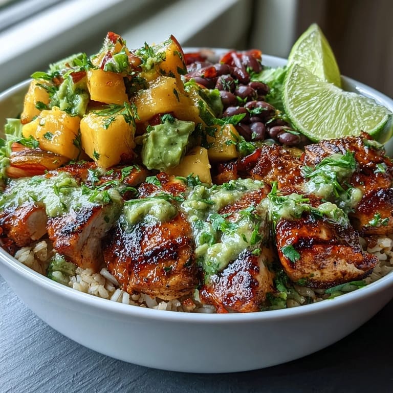 Wholesome Mango Avocado Salsa Chicken Bowls featuring juicy grilled chicken, hearty black beans, and zesty mango-avocado salsa over fluffy brown rice.  