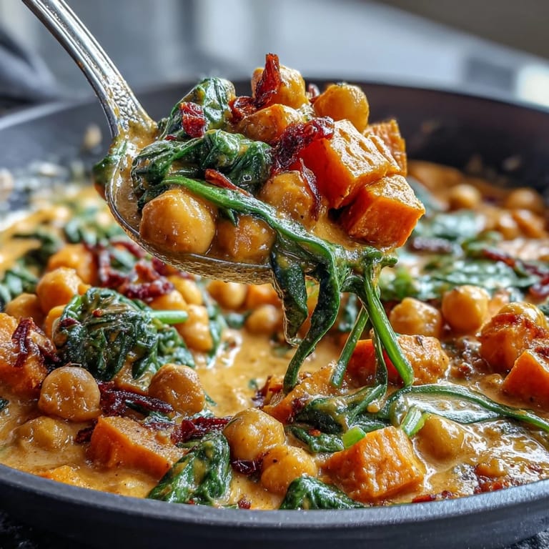 One-Pan Coconut Curry Chickpea Skillet with Spinach and Sweet Potato - Rich, creamy vegan curry packed with sweet potatoes, protein-rich chickpeas, and fresh spinach in a luscious coconut base.  