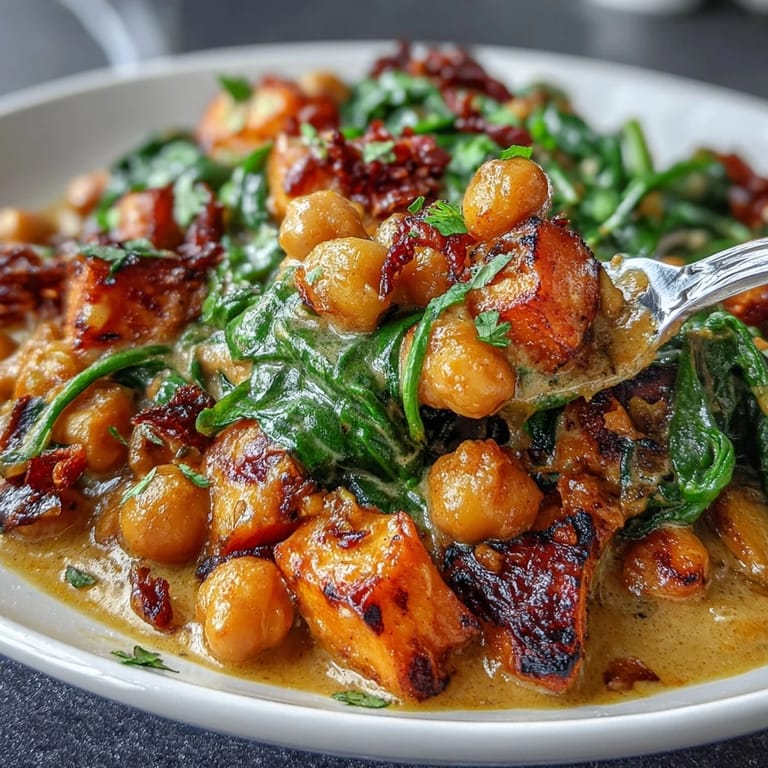 Creamy Coconut Curry Chickpea Skillet with Spinach and Sweet Potato - Comforting Indian-inspired vegan meal featuring sweet potatoes, chickpeas, and spinach in a fragrant coconut curry sauce.