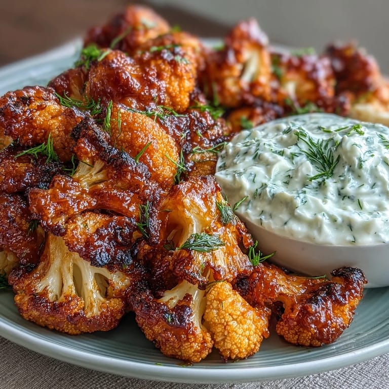 Spicy buffalo sauce-coated cauliflower florets paired with tangy Greek yogurt ranch dip, making a delicious vegetarian and gluten-free snack.