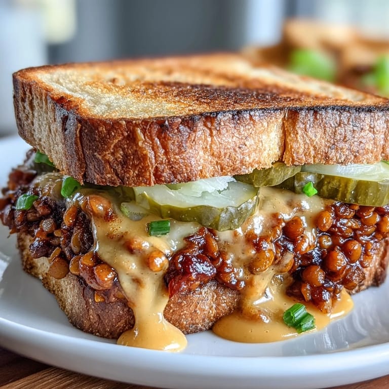 Rich, smoky lentil sloppy joe mixture spooned onto toasted sourdough and drizzled with luscious vegan cheese for a plant-based comfort meal.