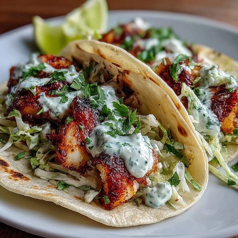 Flavorful white fish tacos topped with crunchy red and green cabbage slaw, sliced avocado, and tangy cilantro lime sauce.