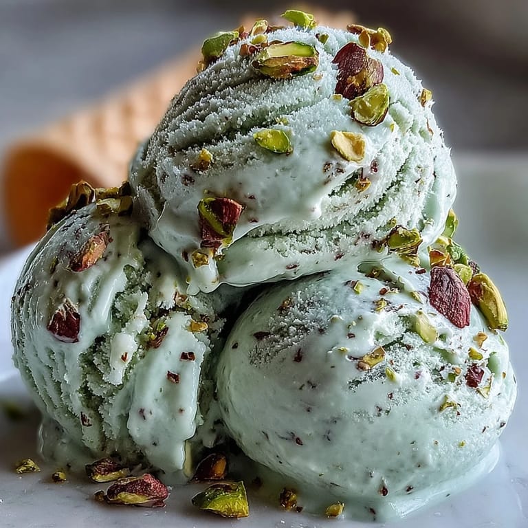 Rich and creamy homemade pistachio gelato, swirled in a chilled glass with a sprinkle of roasted pistachios on top.