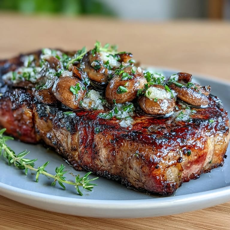 Tender steak crowned with a savory wild mushroom and garlic butter crust, offering deep, earthy flavors and a gourmet finish.