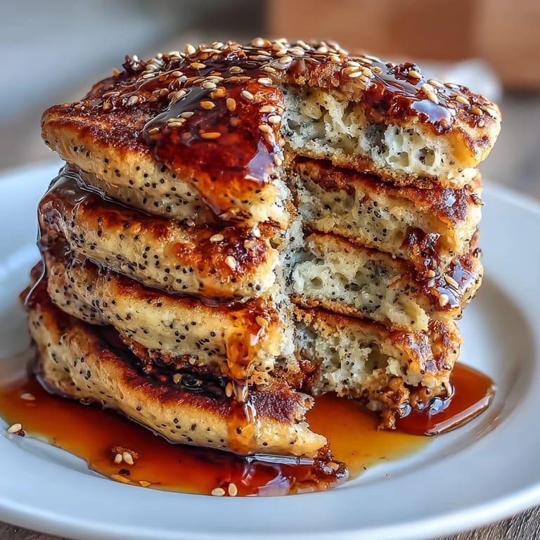 Light and airy black sesame pancakes, infused with rich sesame flavor and topped with a generous pour of honey.