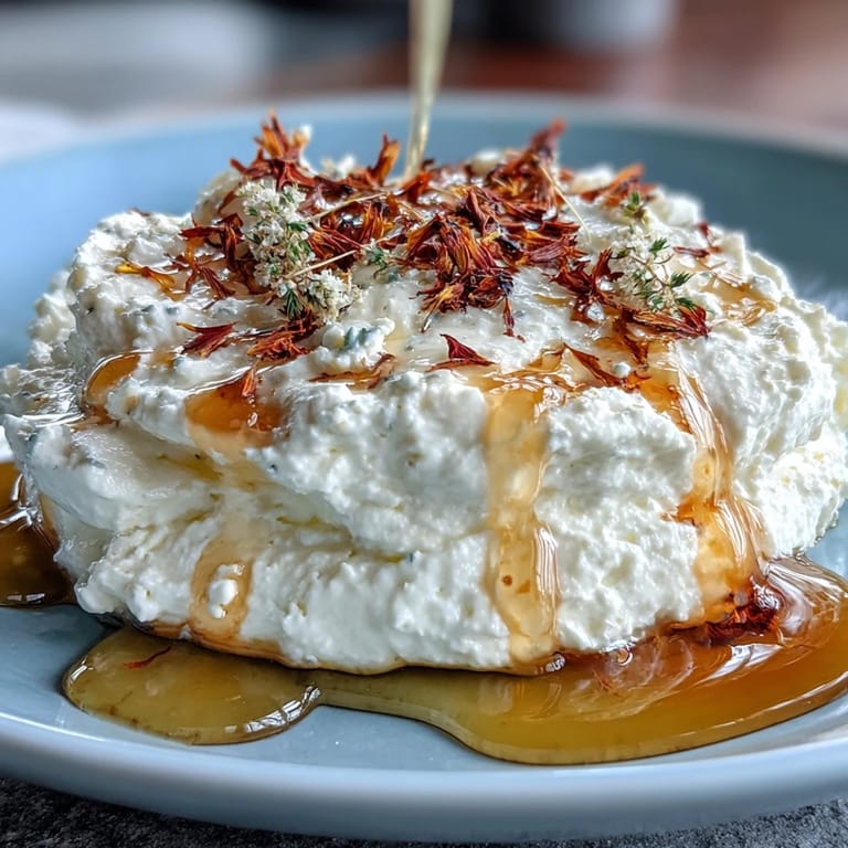 Fluffy whipped feta with floral honey glaze and black pepper, perfect for crostini or fresh vegetable platters.