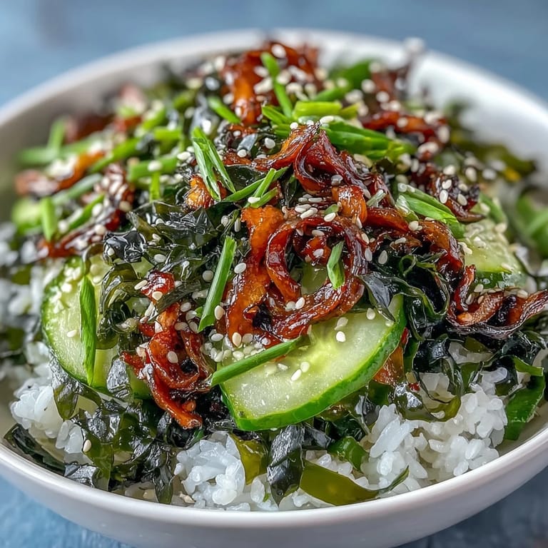Vibrant vegetarian rice bowl featuring nori strips, rehydrated wakame, and fresh cucumber slices, garnished with furikake and pickled ginger.