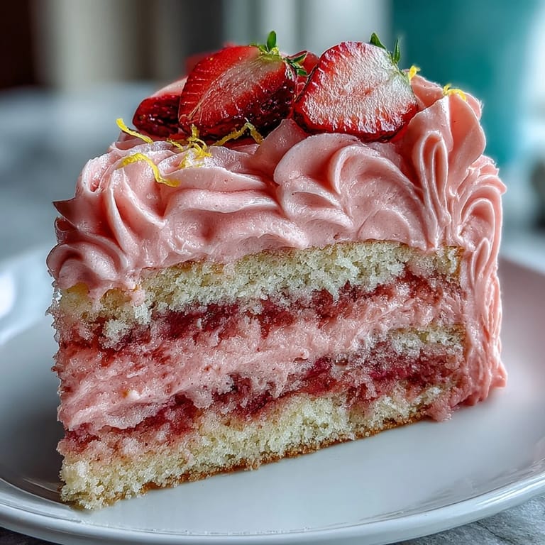 This festive Galentine's pink strawberry lemonade cake features fresh berries, zesty lemon, and a dreamy pink frosting for a sweet treat.