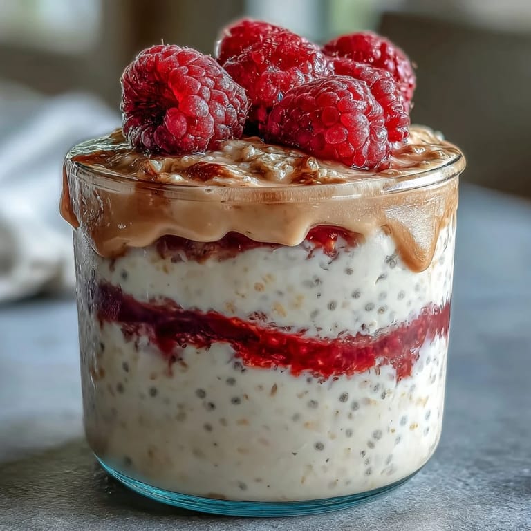 Healthy overnight oats with raspberry chia seeds, vibrant red berries swirled through rich, creamy oats for a nourishing breakfast.