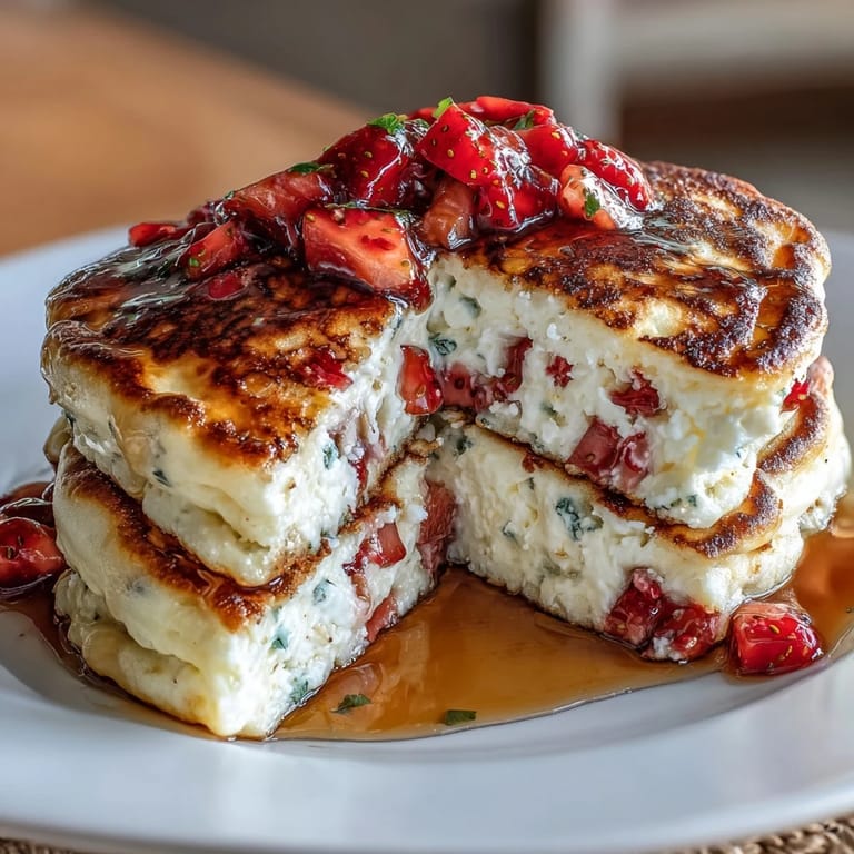 High-protein pancakes with creamy cottage cheese and juicy strawberries, perfect for a healthy breakfast.